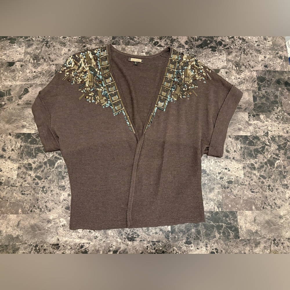 Rozae Nichols 100% Merino Wool Beaded Cardigan Brown Size S Designer Statement